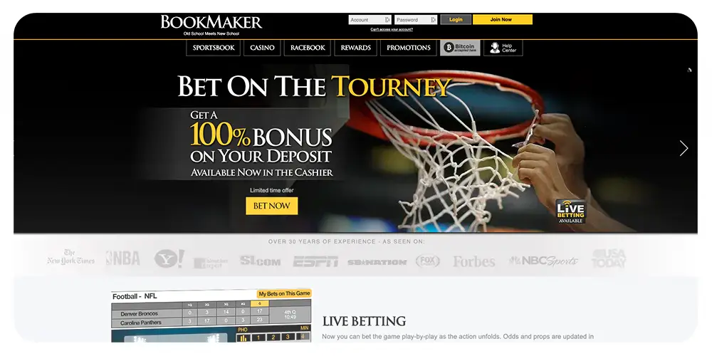 Bookmaker sportsbook homepage with tournament betting banner