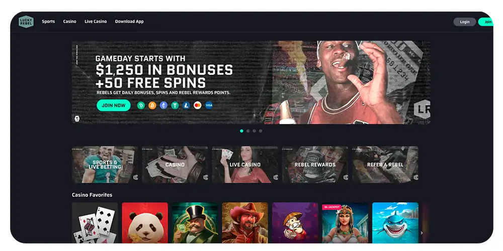 LuckyRebel sportsbook homepage showing bonus offer and sports icons